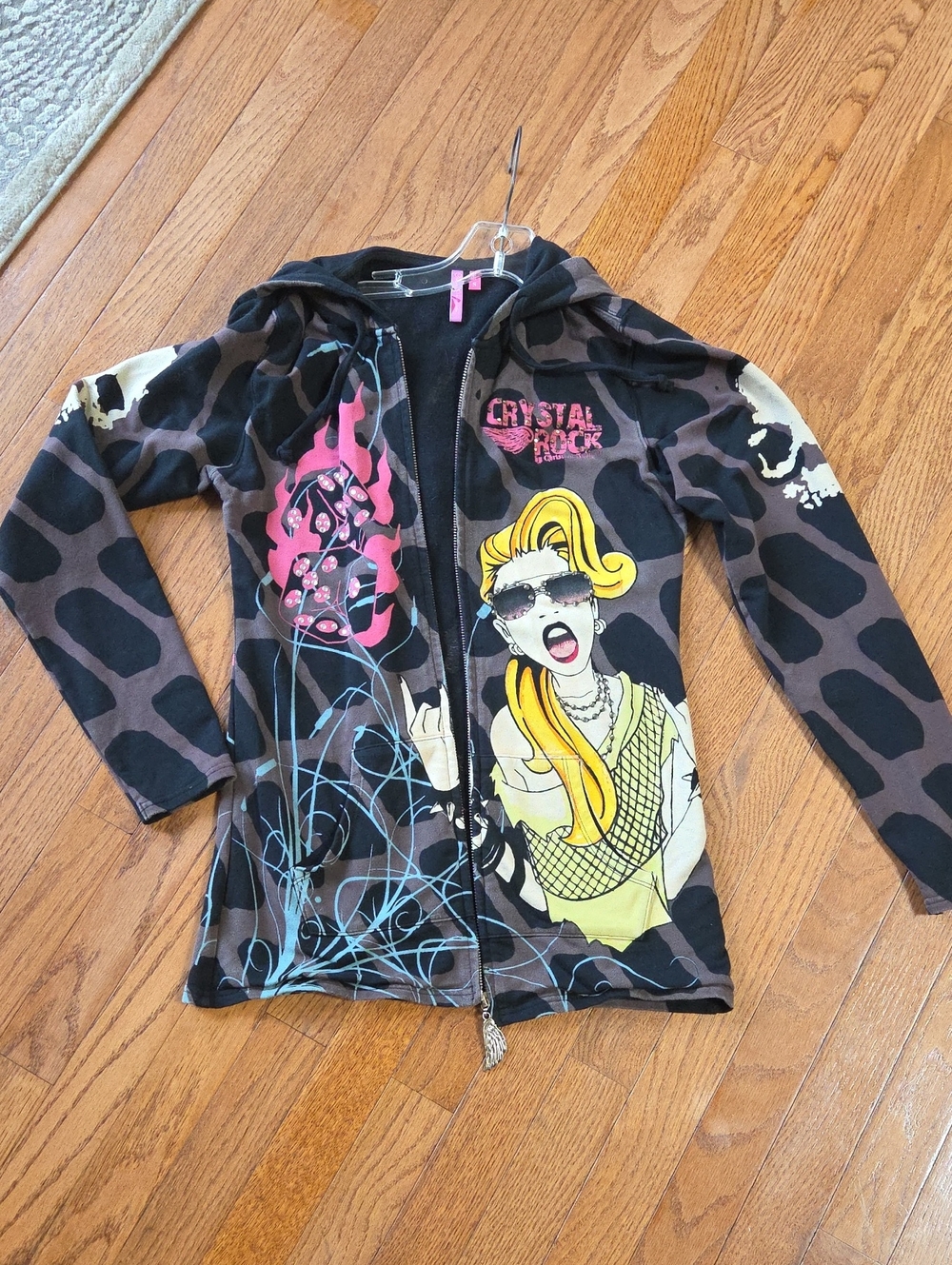 Crystal Rock Christian Audigier Hoodie Y2K Broken Zipper S